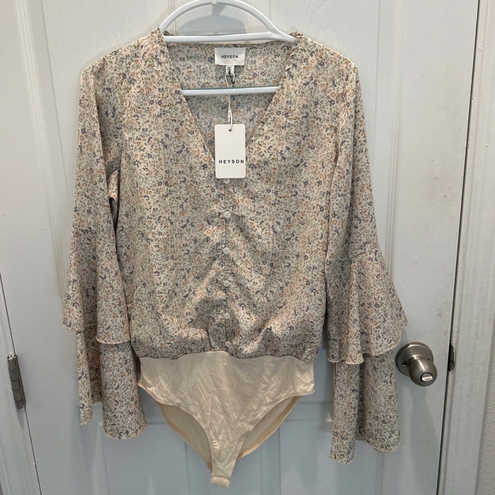 Heyson Floral Cream Button-Front Bodysuit Top